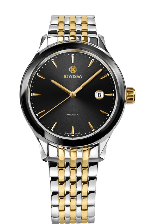 Mens watch with black dial and silver-gold stainless steel bracelet – features a 41mm case, scratch-resistant crystal, and visible Swiss automatic movement – water-resistant to 5 ATM, perfect for adventure seekers – Swiss Made by Jowissa – J4.548.L Virtuo collection.