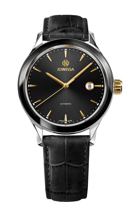 Black and gold mens automatic watch with a leather strap – stainless steel case, visible mechanical movement, and black dial – Swiss Made by Jowissa – J4.549.L Virtuo collection.