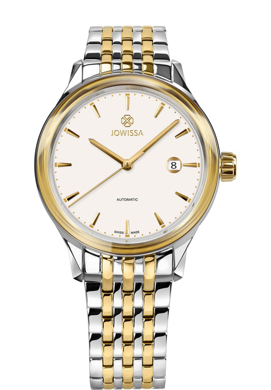 Men's automatic watch with a white dial and gold-tone markers – stainless steel case, bi-color bracelet, and date window – Swiss Made stainless steel wristwatch by Jowissa – J4.550.L Virtuo Swiss