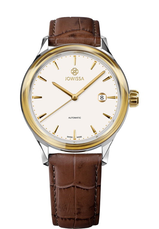 Men's automatic watch with a white dial and gold-tone bezel – stainless steel case, brown alligator leather strap, and date window – classic Swiss Made watch by Jowissa – J4.551.L Virtuo Swiss