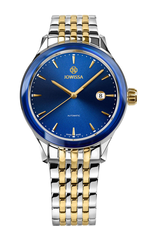 This men's automatic watch stands out with its blue dial, matching bezel, and sleek stainless steel case, paired with a two-tone metal bracelet. The transparent back reveals the detailed mechanics of the Swiss movement. Measuring 41mm with water resistance up to 5 ATM, it’s a stylish and durable option for any occasion.