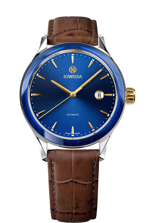 J4.554.l Virtuo Watch for men - featuring a blue dial and brown leather strap - has a visible Swiss automatic movement -  scratch-resistant sapphire crystal - The watch includes a date display and elegant details like a logo-engraved crown