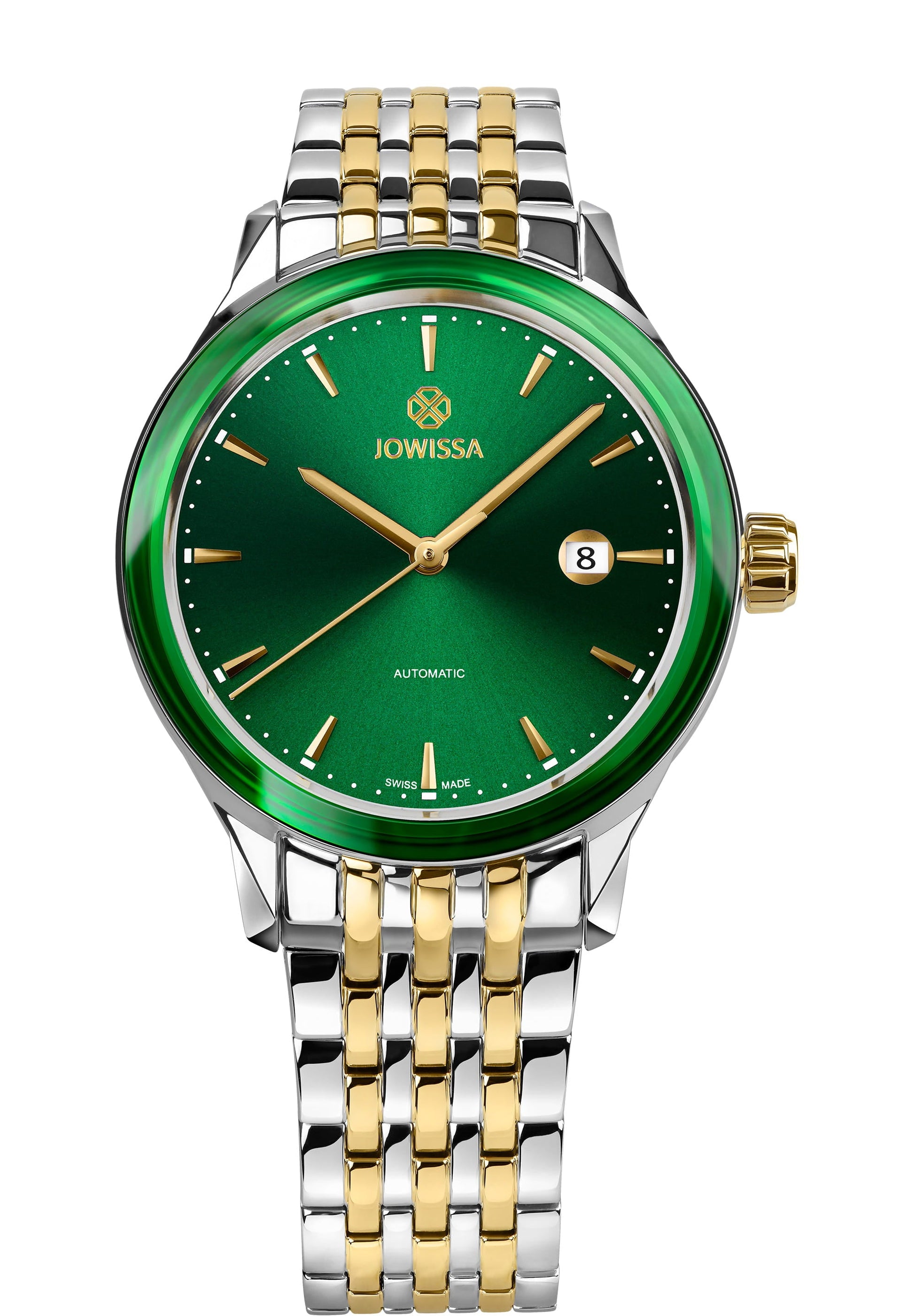 Mens watch - Virtuo J4.556.L - has an eye-catching green dial and matching bezel - It features a two-tone stainless steel bracelet for a classic look. The clear back allows you to see the intricate automatic movement inside, and it also includes a handy date function. A stylish and durable Swiss watch for everyday wear.