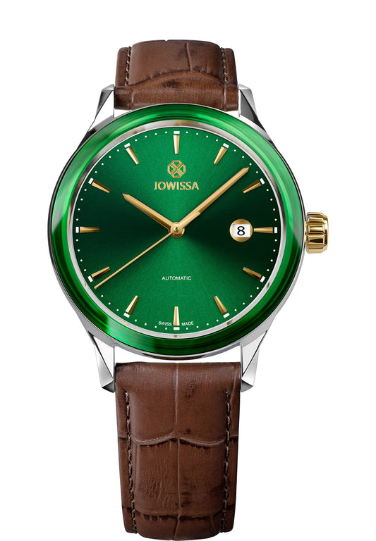 A 41mm watch with a green sunray dial, gold-tone markers, and brown alligator leather strap - Features a Swiss automatic movement visible through the transparent back. Water-resistant, with a date window and scratch-resistant sapphire crystal  - J4.557.L mens watch - swiss made