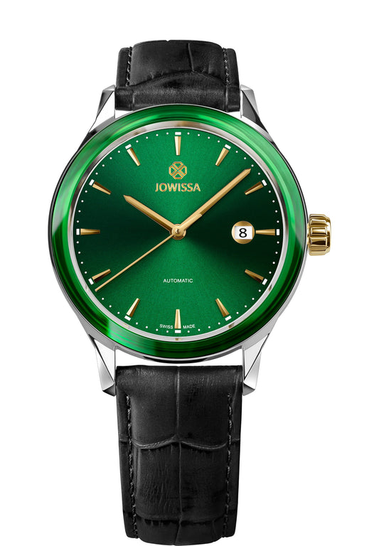 J4.558.L Virtuo Swiss Watch designed for men -  featuring a bright green sunray dial and a semi-matte black alligator-embossed leather strap - all swiss made - perfect for men