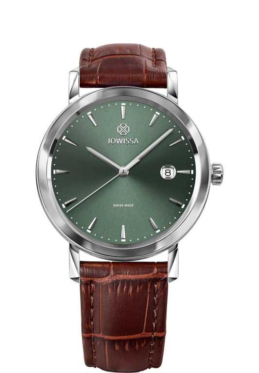 J4.568.L swiss made watch - watch made for men - has brown leather strap and green dial - mens swiss watch with green details