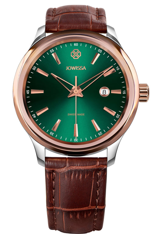 J4.570.L high quality jowissa watch made for men - with an emerald green sunray dial and brown genuine leather strap – features a 45mm stainless steel case and high-quality Ronda quartz movement for accurate timekeeping – water-resistant to 5 ATM and designed for easy battery replacement