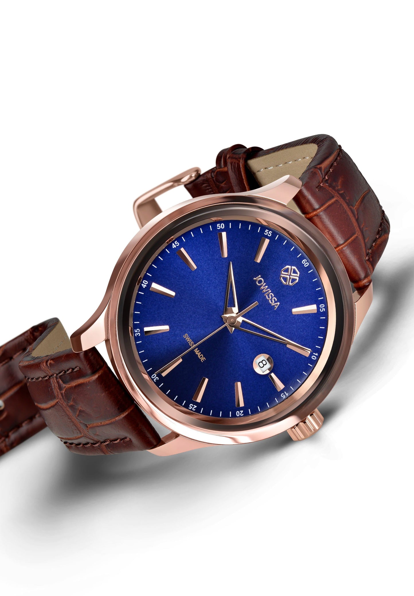 Front view of J4.203.L - watch made for men, with a shiny blue dial, highlighting its reliable Ronda quartz movement - placed on a white background - made in Switzerland