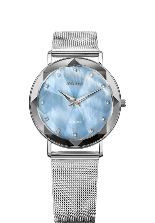 Silver watch for women - has silver strap and blue dial - all swiss made watch for ladies