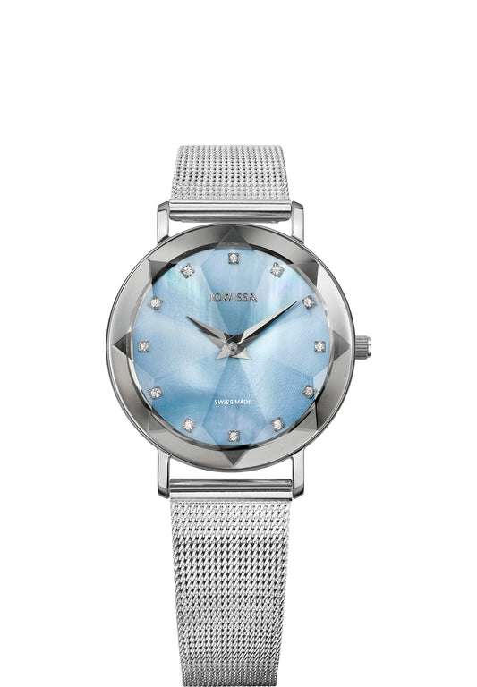 Facet swiss watch for ladies - with silver strap and light blue dial - all swiss made watch for women