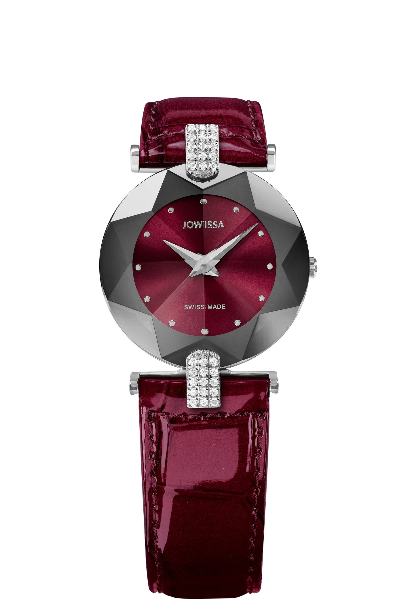 J5.300.M facet watch for women - red watch with red leather strap and silver details in the front - all made in switzerland