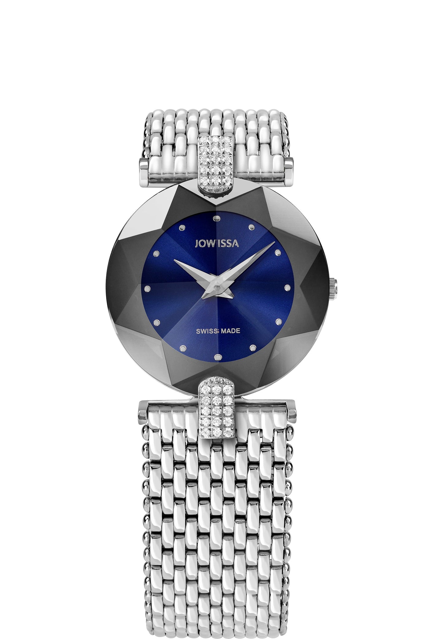 Silver facet watch for ladies - silver watch all swiss made for women - has blue details in the front and the strap it is all silver - all swiss made