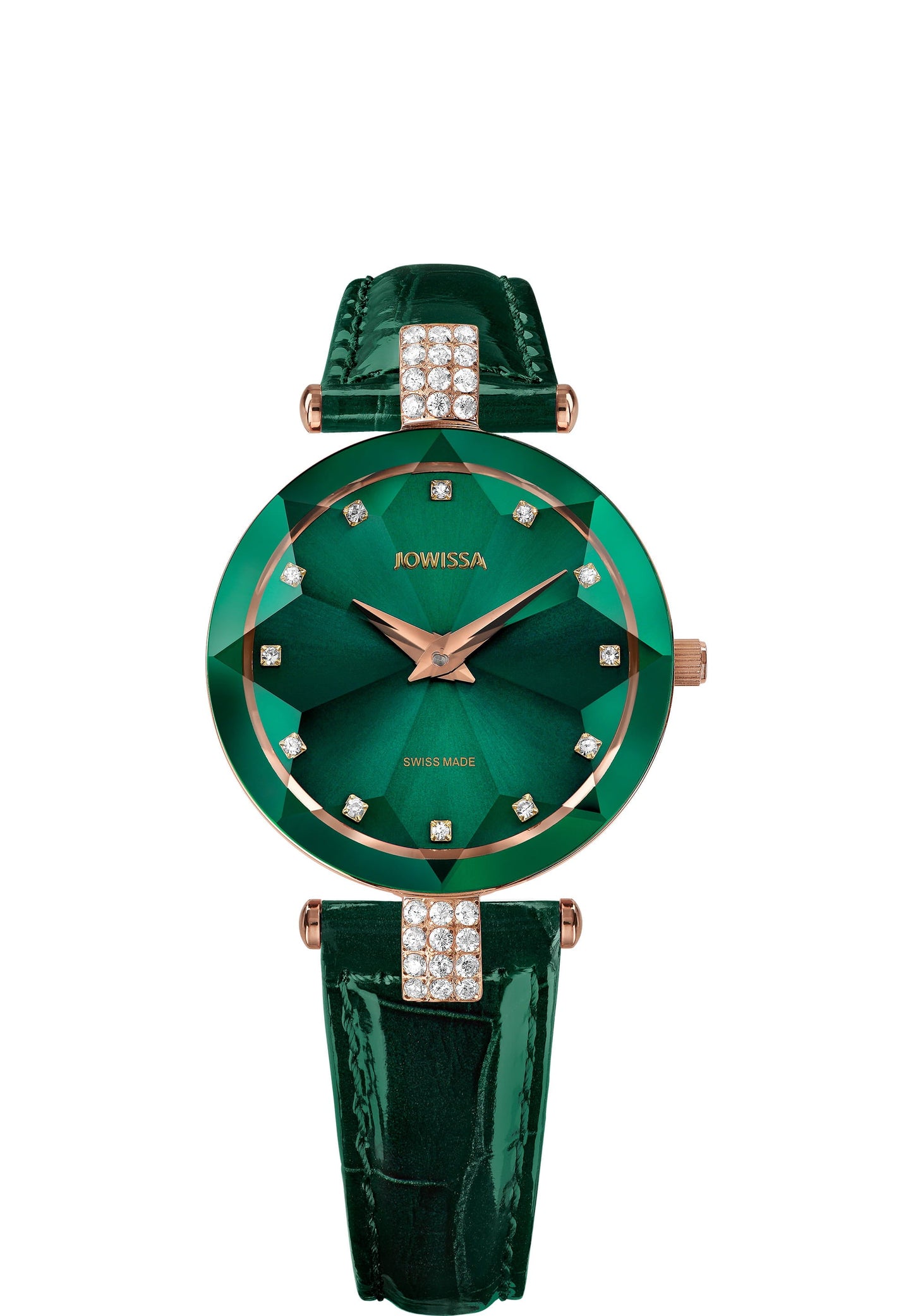 Green ladies watch - with green leather strap and gold details in the front - all swiss made watch for ladies