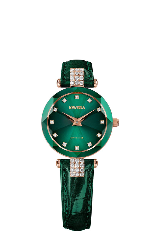 Green womens watch - with green leather strap and gold details in the front - all swiss made watch