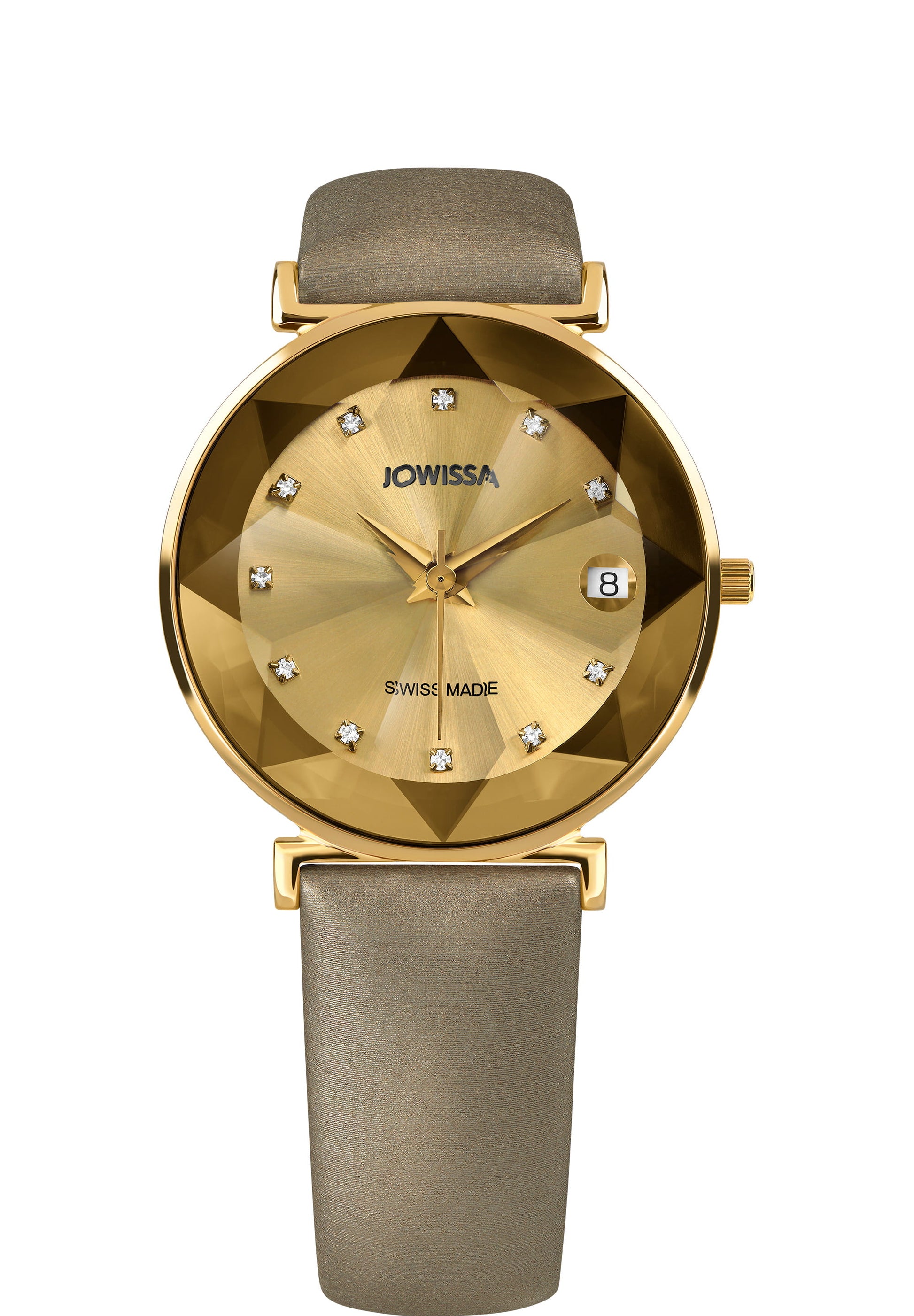 Gold facet watch for ladies - swiss made watch for women with gold leather strap and gold front dial - made in switzerland for women