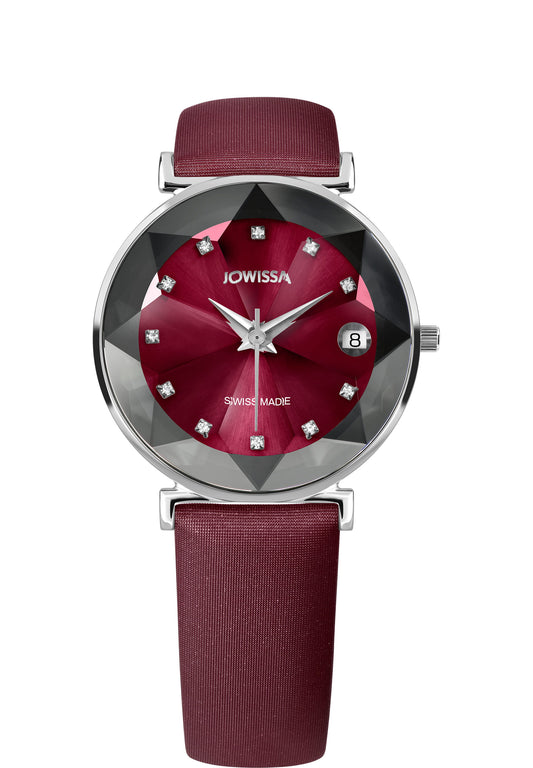 Red facet watch made for ladies - swiss made watch with red leather strap and silver details on the front