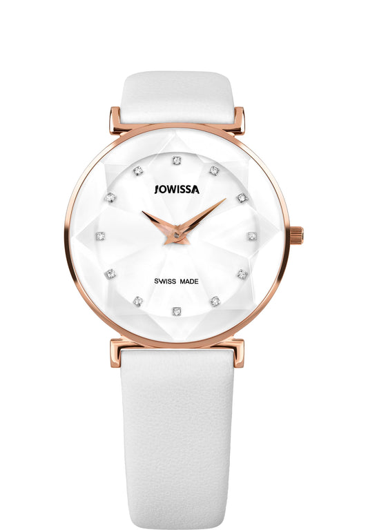 White swiss watch for women - with white leather strap and gold details - all swiss made watch