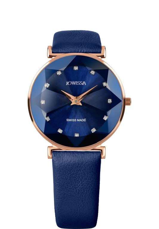 Swiss womens watch with blue leather strap and blue dial with gold details in the front - all swiss made for ladies