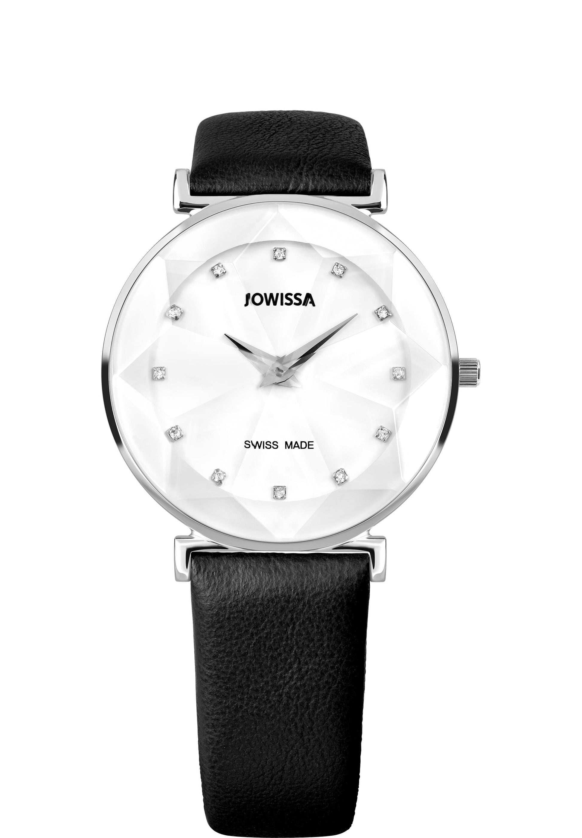 Swiss made watch with black leather strap - has a white front with silver details - made in switzerland watch