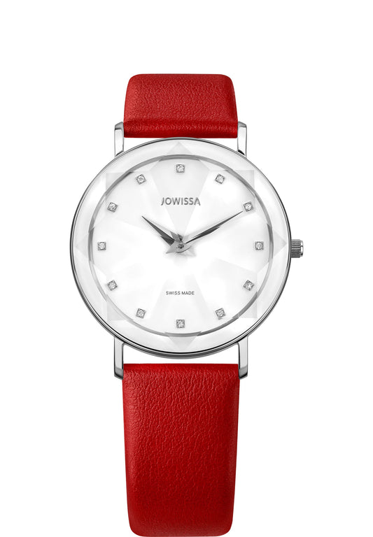 Swiss red watch - facet watch with red leather strap and white dial - all swiss made