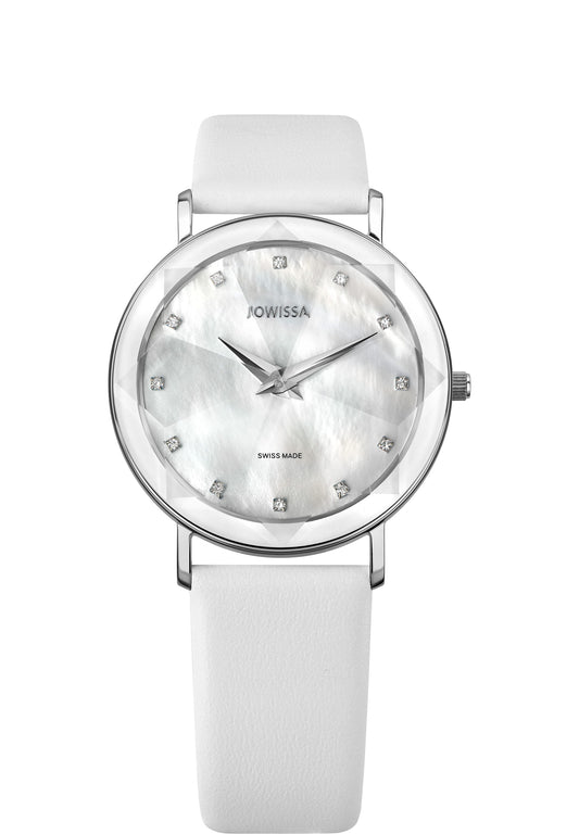 White facet jowissa watch - with white leather strap and white dial - has silver details in the front view - all swiss made watch for ladies