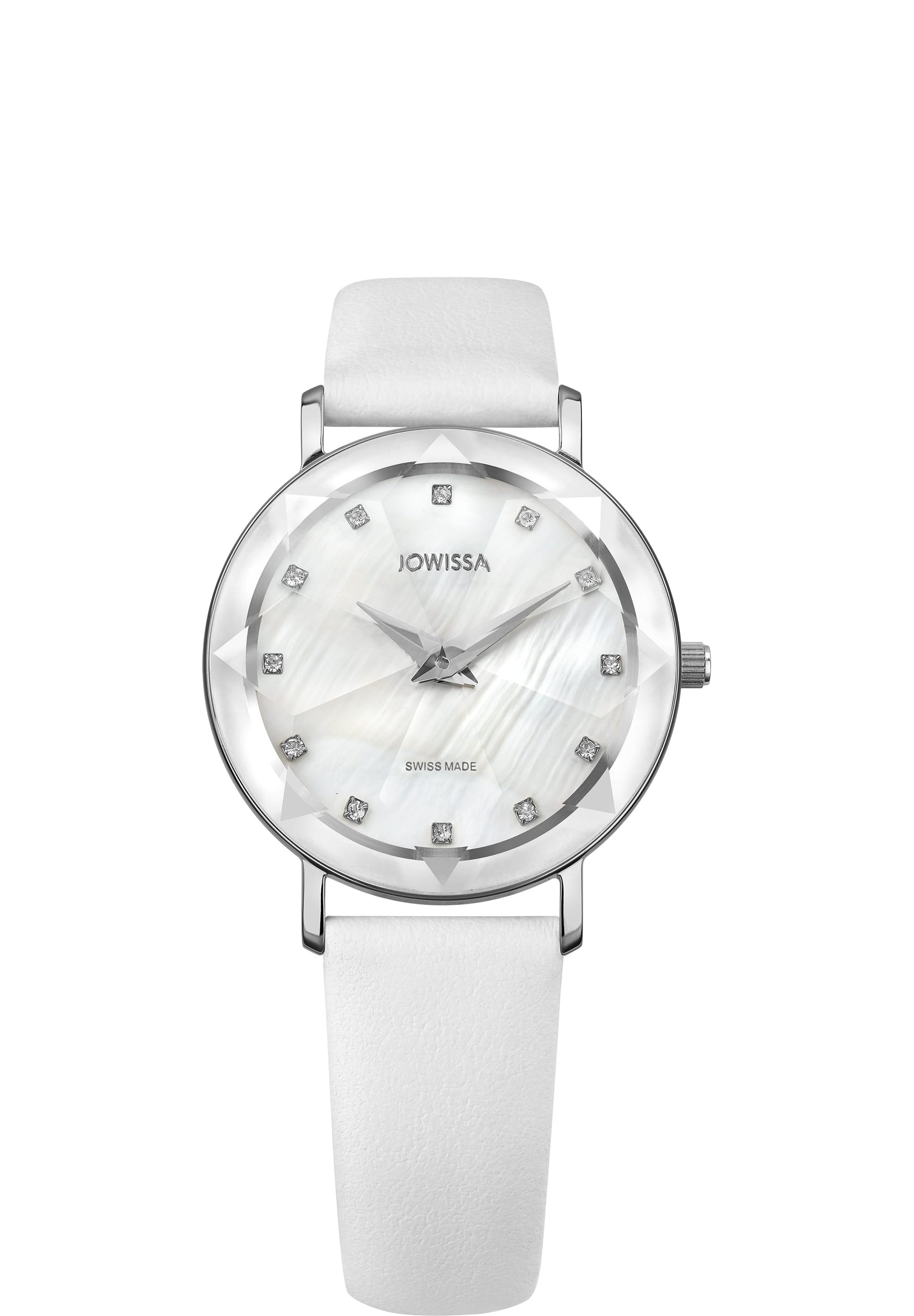 White swiss watch for women - with white leather strap and white dial with silver details in the front 