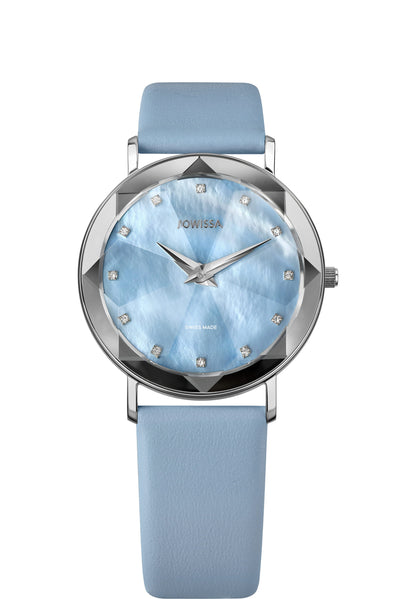 Blue swiss watch for women - with blue leather strap and blue dial - swiss made watch for ladies