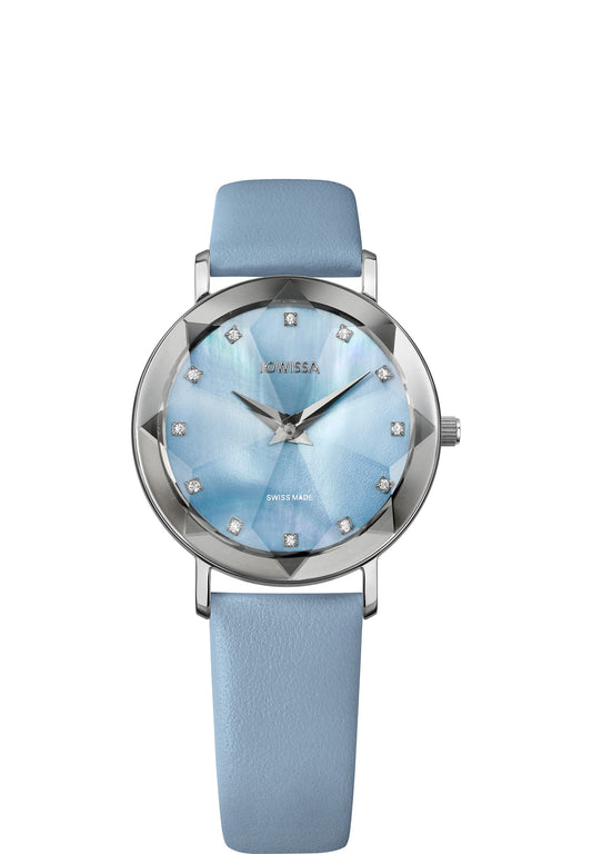 Blue swiss watch for women - with facet dial and silver details in the front - with blue leather strap and blue dial - all swiss made