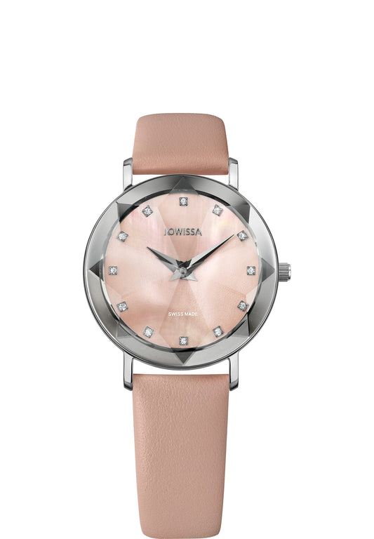 Beige light pink watch for ladies - all swiss made watch for women with beige strap with facet dial 