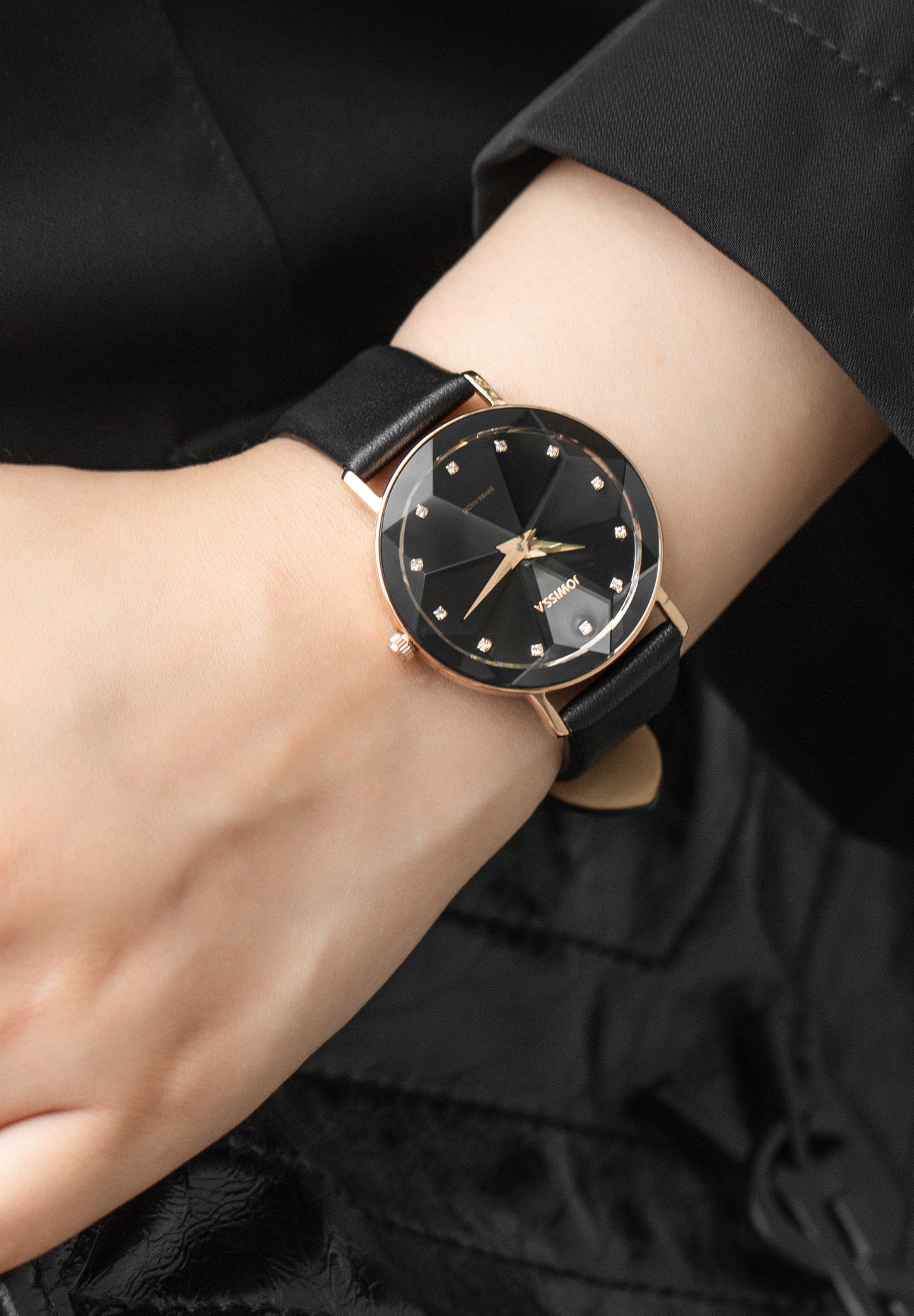 Swiss ladies watch with black leather strap and gold details on the dial - all swiss made watch for women