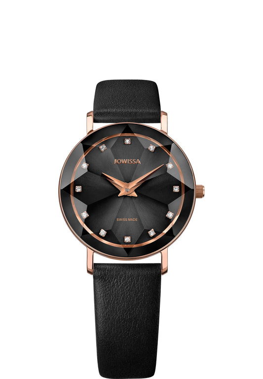 black swiss watch facet - with black strap leather and gold details in the front - all swiss made watch for women