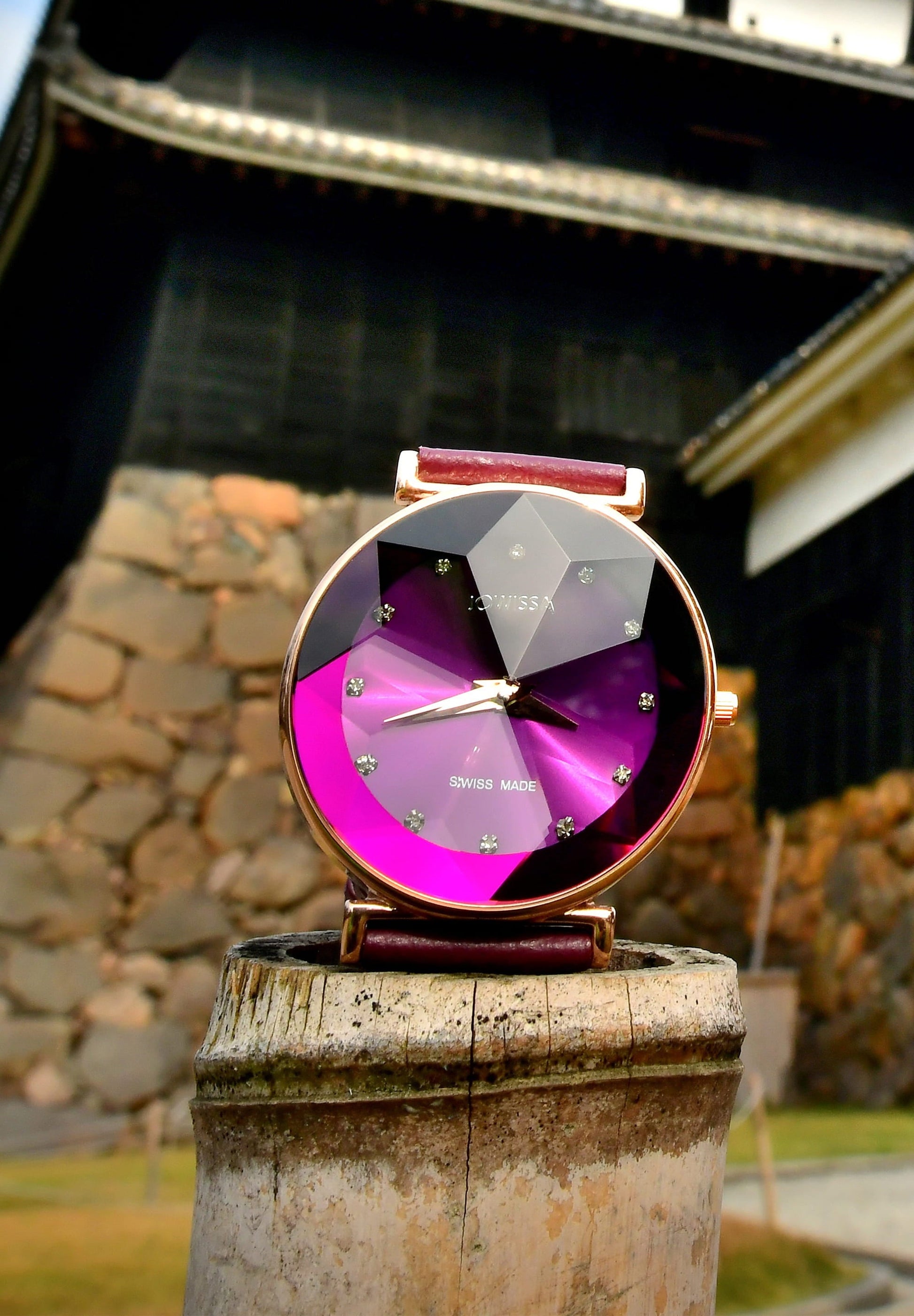 Purple watch for women - front view of the swiss watch with purple leather strap and purple dial - all swiss made