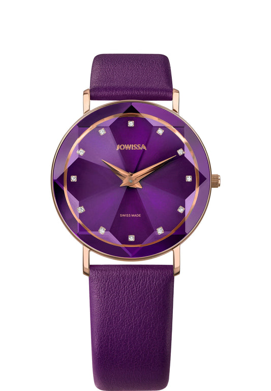 Swiss purple watch for ladies - purple strap and purple dial with gold details in the front all swiss made