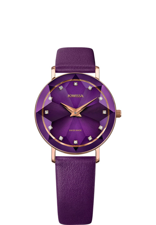 Swiss watch for ladies with purple leather strap and purple dial with gold details - all swiss made watch