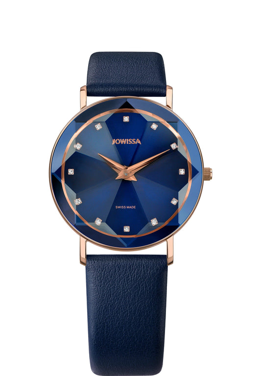 Blue watch facet for ladies - with blue leather strap and blue dial and gold details - all swiss made