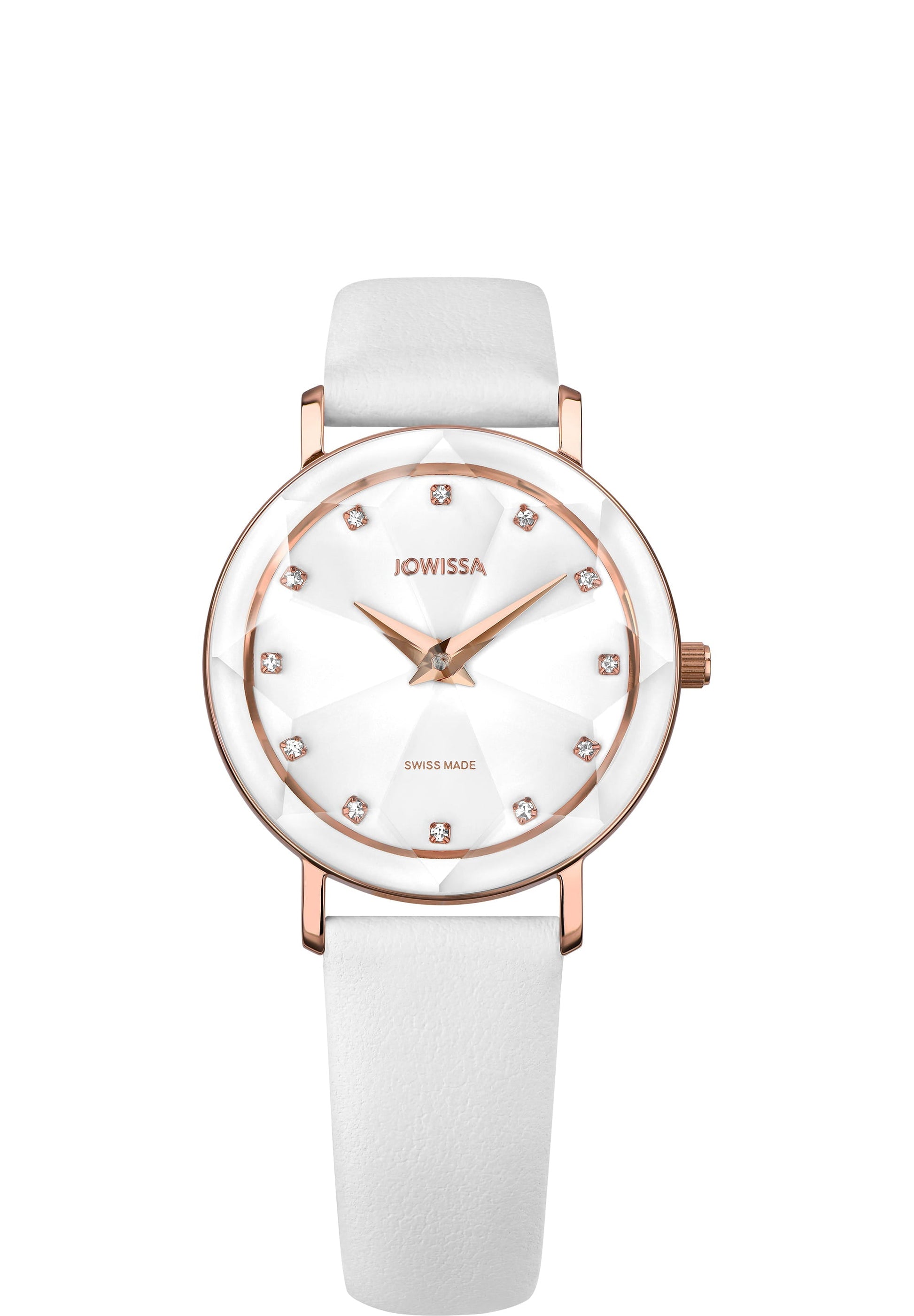 White swiss watch with white strap and white dial - the watch has gold details in the front - all swiss made watch for women