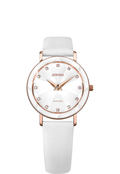 White swiss watch with white strap and white dial - the watch has gold details in the front - all swiss made watch for women