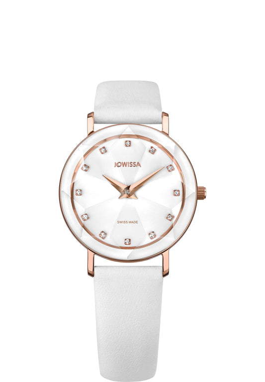 White swiss watch with white strap and white dial - the watch has gold details in the front - all swiss made watch for women