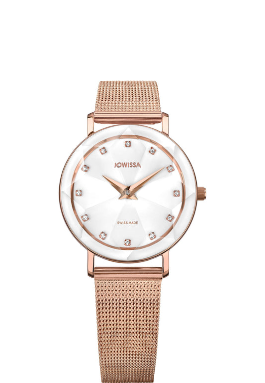 Gold watch for women - front look of jowissa watch facet watch with white dial and gold strap - all swiss made