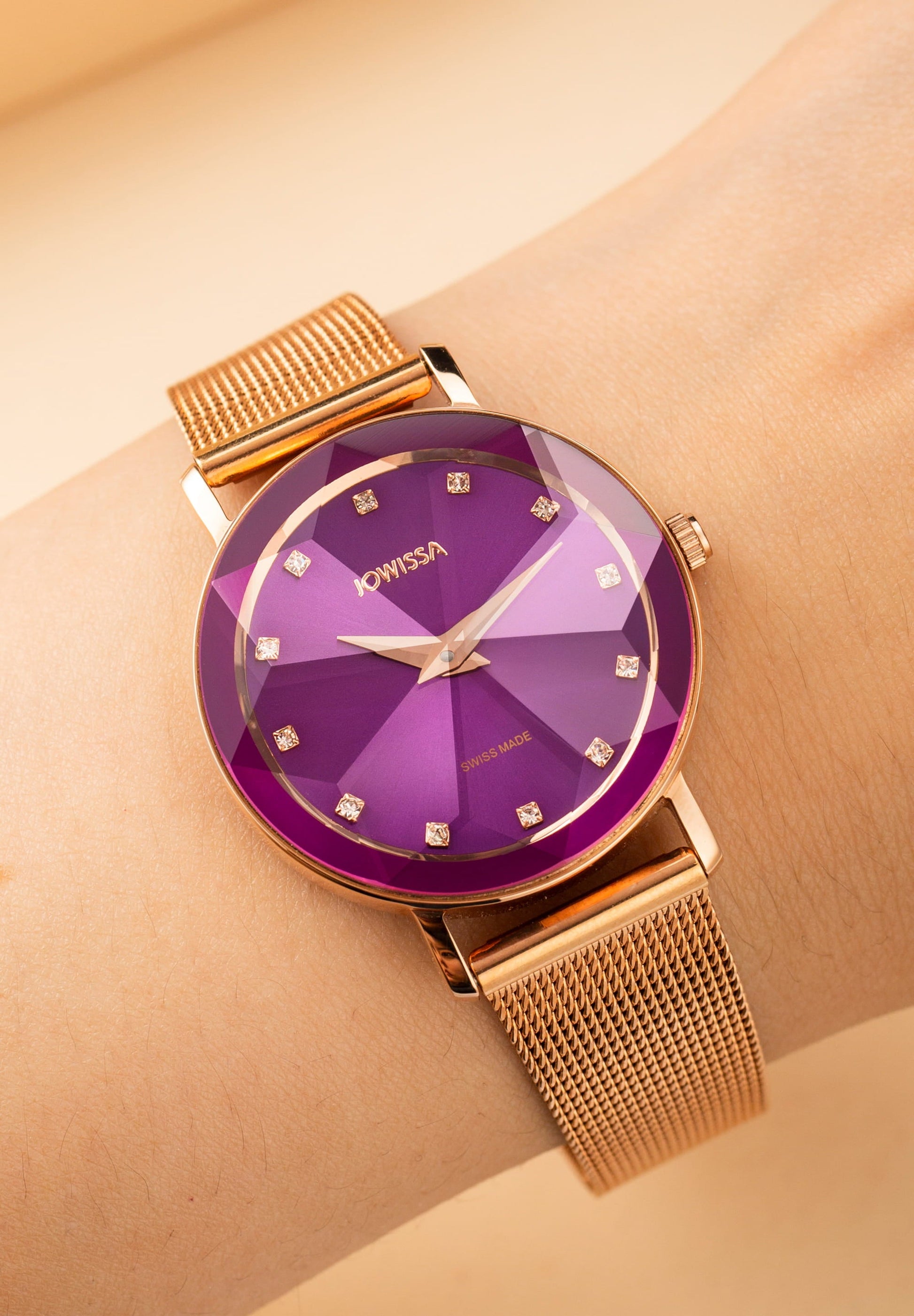 Facet swiss watch for ladies - with gold strap and purple dial - all swiss made