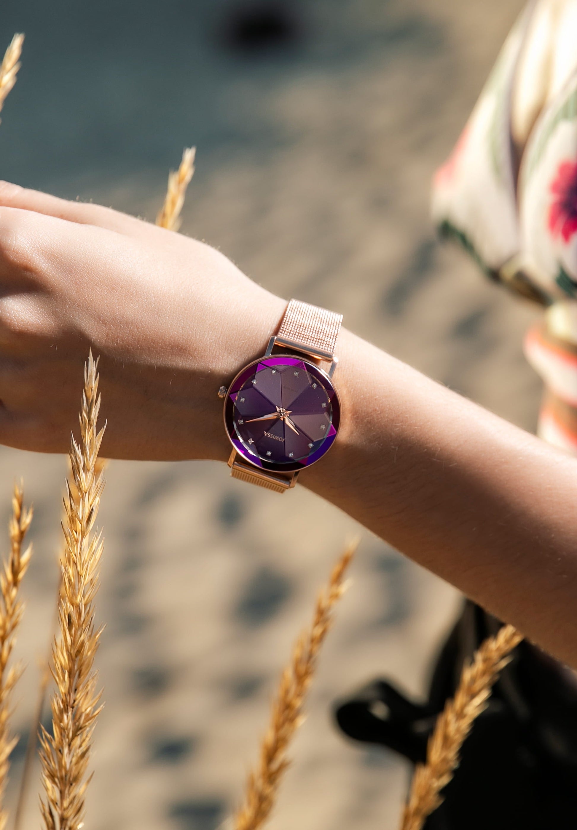 Purple watch made in switzerland for women - with gold strap and purple dial - all swiss made watch