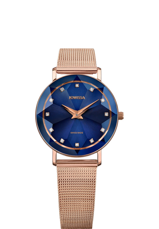 Swiss facet watch for women - with gold strap and blue dial with gold details in the front - watch for women made in switzerland