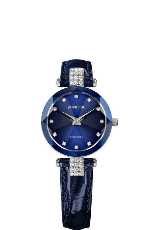 J5.791.S blue watch with blue leather strap and silver details on the front - all swiss made watch for ladies