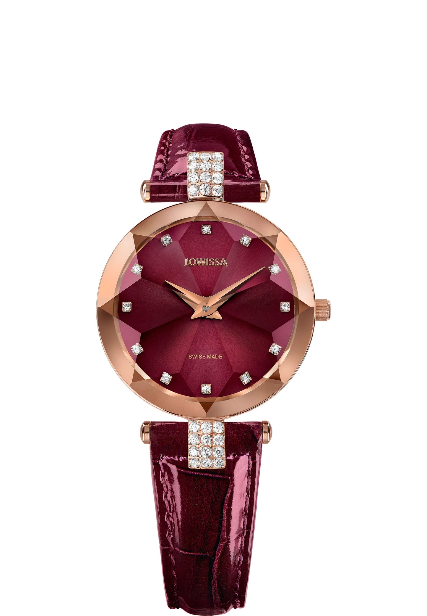 Red swiss watch with red leather strap and gold details in the front - all swiss made watch for ladies