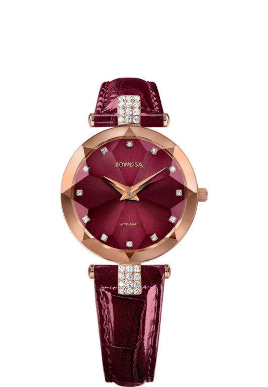 Red swiss watch with red leather strap and gold details in the front - all swiss made watch for ladies