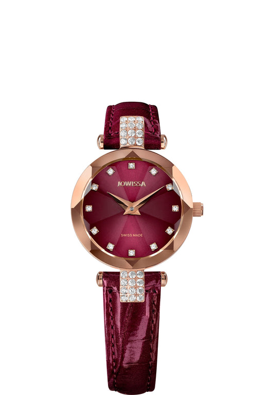 Burgundy swiss watch for women - swiss ladies watch with burgundy leather strap and gold details in the front - all swiss made watch