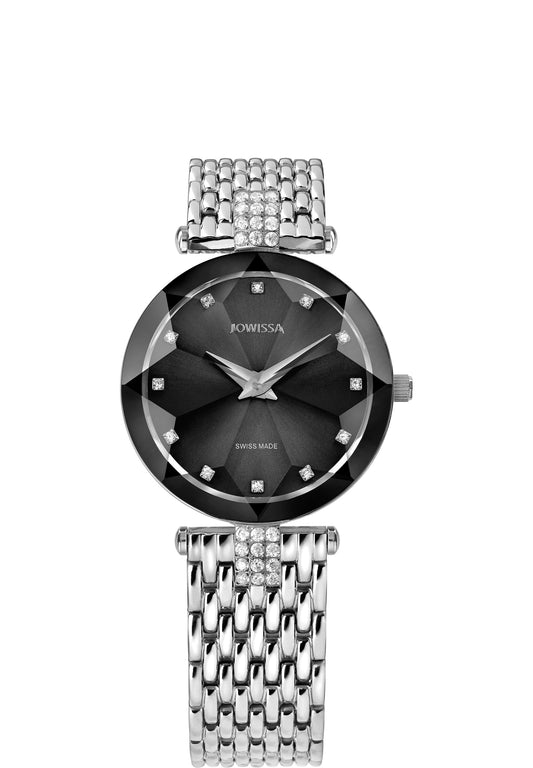 Swiss ladies watch - with silver strap and black dial - with silver details in the front - all swiss made