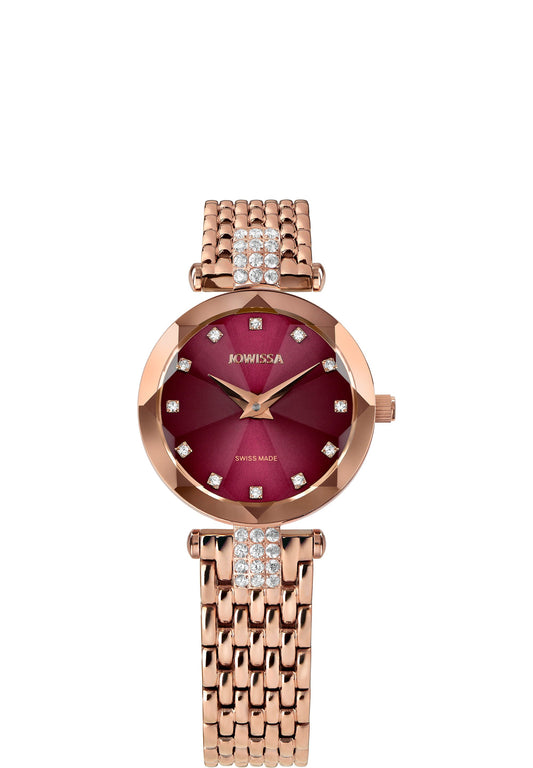 Gold swiss watch for women - with gold strap and burgundy dial - all swiss made watch for ladies