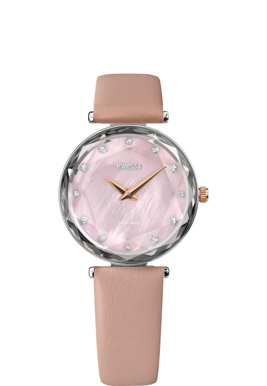 Swiss pink watch for girls - the watch has pink strap and pink dial and silver details in the front - all swiss made watch for women