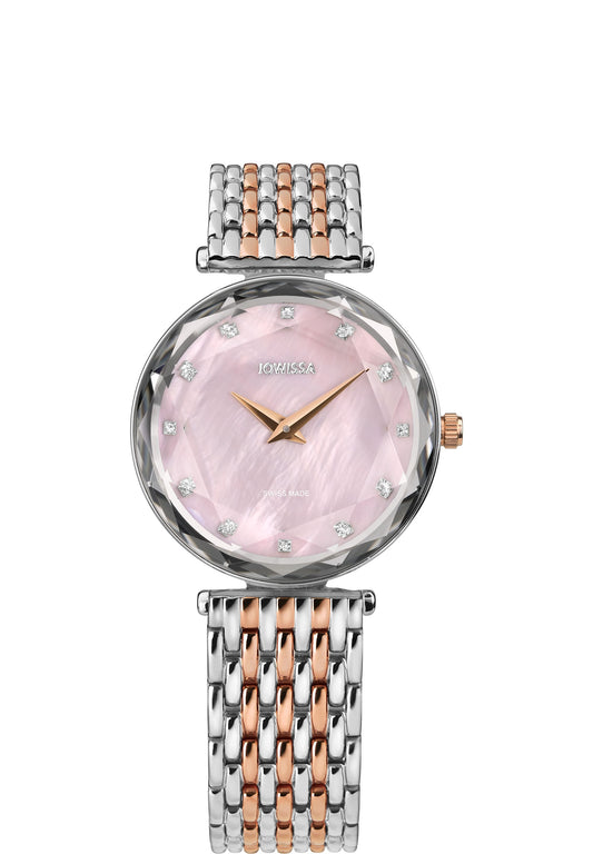 Swiss womens watch with silver strap and gold details and light pink front dial and gold details - all swiss made watch for women